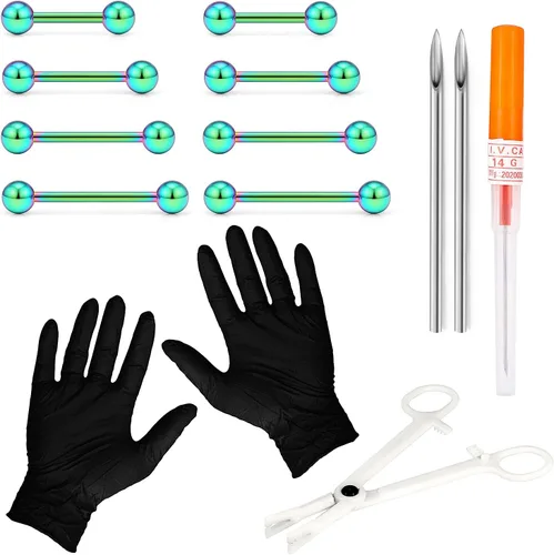 Miniatura 4 de Kit de piercings – Juego de piercings para lengua, pezón y puente, anillos para lengua incluidos Tono-plateado