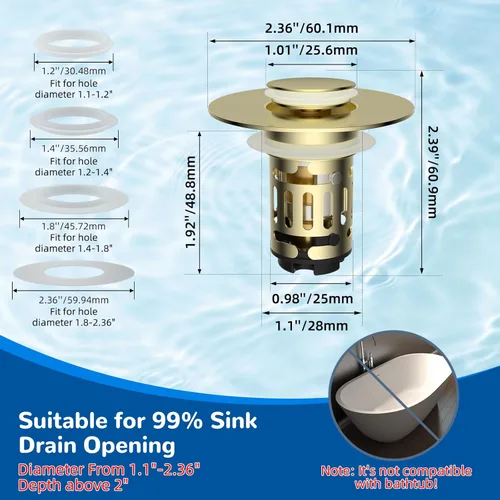 Miniatura 8 de Hibbent Colador de drenaje de lavabo de baño 3 en 1 mejorado, tapón universal desplegable con cesta de filtro de acero inoxidable extraíble atrapa
