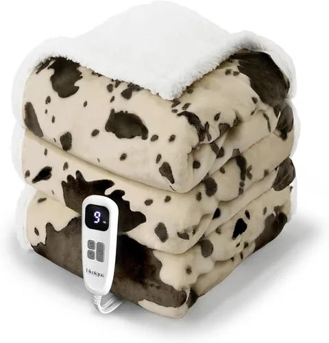 Miniatura 12 de Manta térmica con estampado de vaca, manta eléctrica, manta térmica con 10 niveles de calor y 10 horas de apagado automático, acogedora y suave