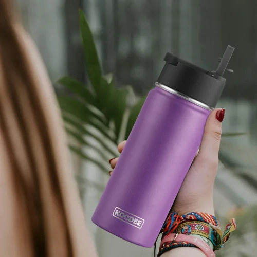 Miniatura 5 de koodee Botella de agua de acero inoxidable de 16 onzas con aislamiento al vacío de doble pared con pajilla, paquete de 2 botellas de agua deportivas