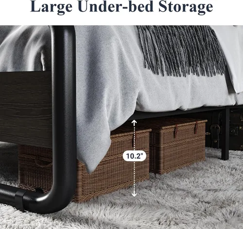 Miniatura 4 de Allewie Base de cama de metal tamaño Queen con cabecero y estribo curvados de madera de hierro, cama de plataforma con almacenamiento debajo
