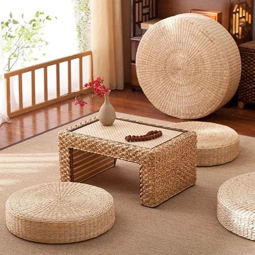 Miniatura 2 de HUAWELL Paquete de 2 cojines de suelo de tatami para sentarse, tamaño más grande, acolchados, redondos, con pajilla, para asiento al aire libre