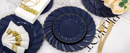 Miniatura 9 de YOUBET 150 platos de plástico azul, cubiertos de plástico dorado, platos desechables de color azul marino resistentes, incluyen 50 platos, 25