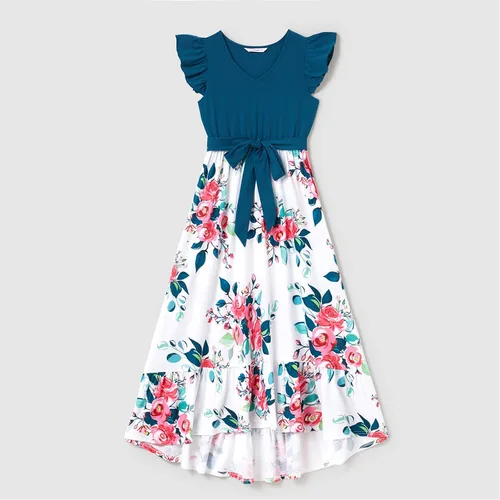 Miniatura 2 de PATPAT Conjunto de vestidos familiares a juego para madre e hija con estampado floral y puños con volantes y camisetas de manga corta