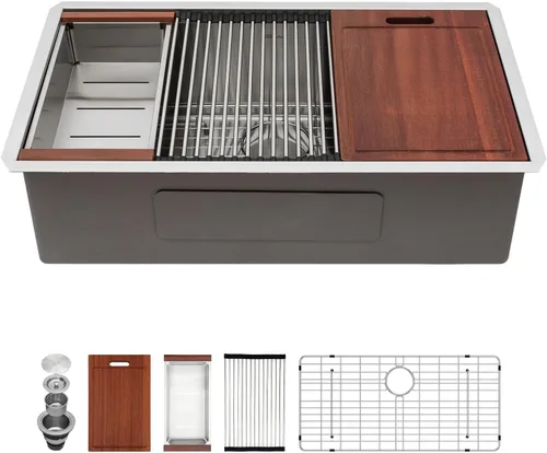 Miniatura 16 de Sarlai 33 Fregadero de Cocina Empotrado - Fregadero de 33 x 19 Pulgadas Bajo Encimera Estación de Trabajo de Profundidad Sencillo Tazón 16 Calibre