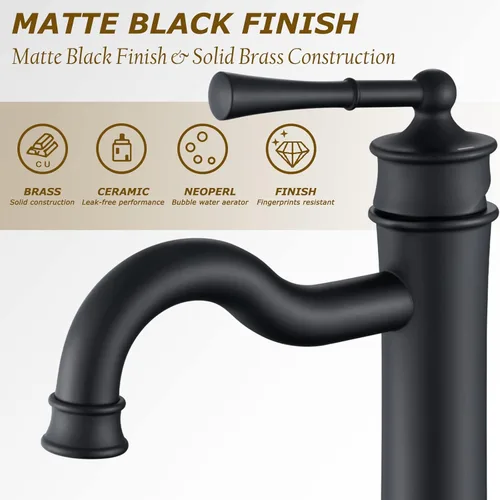 Miniatura 4 de Grifo de lavabo negro mate para fregadero de baño, alto, con un solo orificio, montaje sobre el lavabo, desagüe desplegable, sin desbordamiento