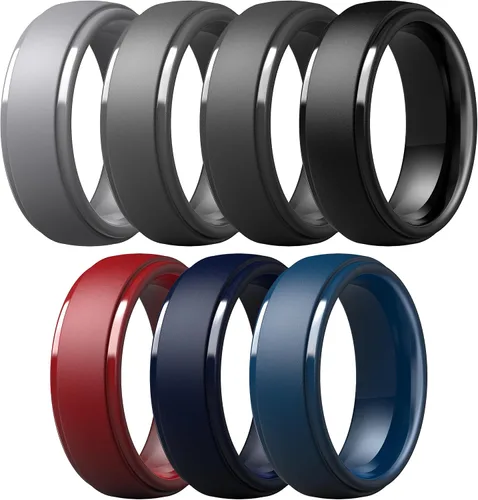 Miniatura 75 de ThunderFit Anillos de boda de silicona para hombre, 0.394 in de ancho y 0.098 in de grosor, paquete múltiple de variedad 1-7