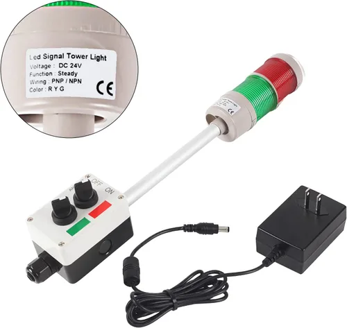 Miniatura 3 de Luz LED de torre Andon de 2 pilas con zumbador Señal de advertencia industrial, rojo/verde, interruptor ABB, adaptador Mean Well 120V-24V