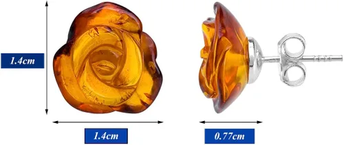 Miniatura 4 de Aretes originales de ámbar de plata esterlina con rosa plana tallada con broches