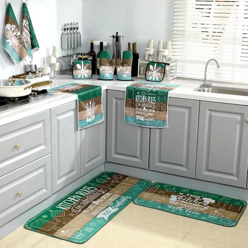 Miniatura 7 de Fourluoo Juego de 10 piezas de decoración y accesorios de cocina de granja, 4 toallas de cocina, 2 soportes para ollas, 2 guantes de horno, 2 Verde