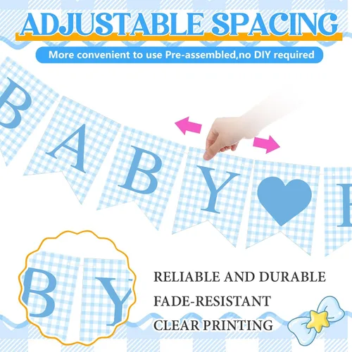 Miniatura 2 de Hahafelt 1 pieza de pancarta azul de gingham para bebé niño para decoraciones de fiesta Azul preencordada Baby shower, es un niño, pancarta de papel