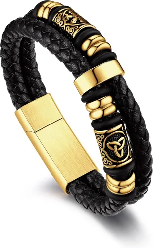 Miniatura 13 de Bandmax Pulseras de Puño de Cuerda de Cera Doble Negra para Hombres Impermeables de Acero Inoxidable Estilo Nórdico Nudo Celta Cuentas Pulsera