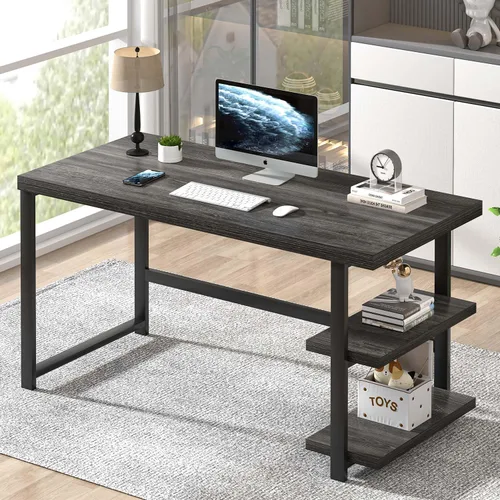 Miniatura 19 de FOLUBAN Escritorio para computadora de 47 pulgadas, escritorio pequeño para el hogar y oficina con estantes de almacenamiento, mesa de estudio, Nogal