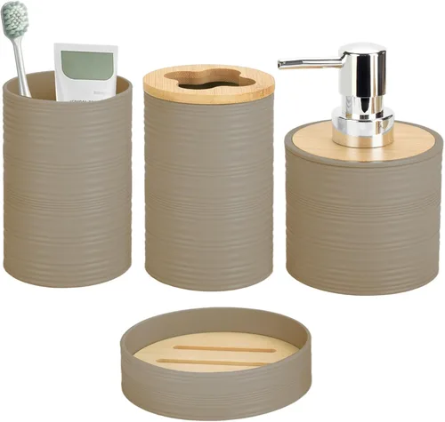Miniatura 9 de Juego de accesorios de baño de bambú de 4 piezas, juego de accesorios de baño con dispensador de jabón y soporte para cepillos de dientes, jabonera