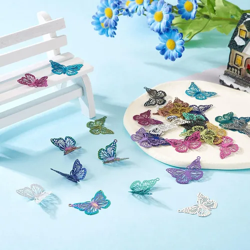 Miniatura 5 de Pandahall - 48 colgantes de acero inoxidable con diseño de mariposa y filigrana de colores, dijes de mariposa de animales, adornos de metal grabado