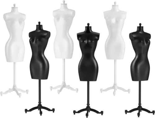 Forma del vestido: 6PCS Forma de vestido de muñeca diminuta Maniquí corporal con soporte base falda de ropa Soporte de maniquí femenino Torso para