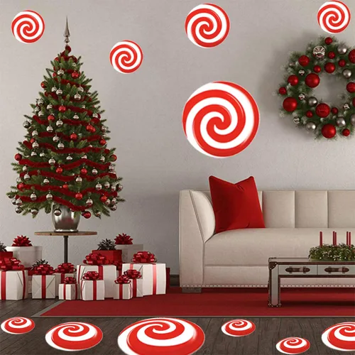 Miniatura 5 de 24 PCS Calcomanías de Suelo de Menta - 3 Tamaños Autoadhesivas Diseño de Dulces de Navidad, Calcomanías de Suelo y Ventana para Decoraciones de Rojo