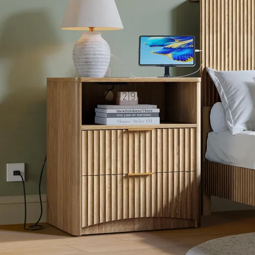 Miniatura 24 de Evermagin Mesita de noche acanalada, mesita de noche de roble natural con cajón y almacenamiento, mesa auxiliar de madera moderna de mediados