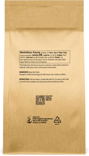 Miniatura 2 de PURE ORIGINAL INGREDIENTS Polvo de proteína vegana de arroz integral (1 libra) de arroz integral germinado, sin gluten, batidos y batidos