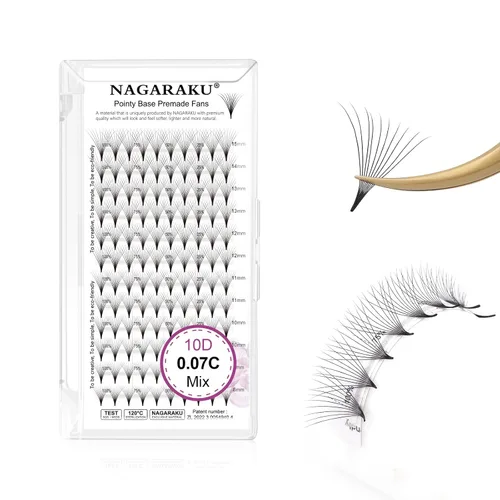 NAGARAKU - Extensiones de pestañas prefabricadas con volumen 10D, 0.07C, 0.315-0.591 in, mezcla de 120 abanicos | Compact Portable Box, Sharp Narrow