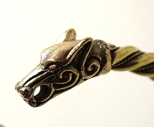 Miniatura 4 de ARTIZANSTORE Brazalete de bronce nórdico vikingo Fenrir con cabeza de lobo trenzado brazalete brazo anillo joyería pagana, Hierro, No es una piedra