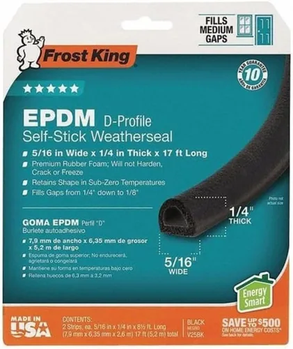 Frost King Cinta Autoadhesiva de Goma EPDM para Sellado Meteorológico, Sección D, 5/16" An, 1/4" Es, 17 pies L, Negro