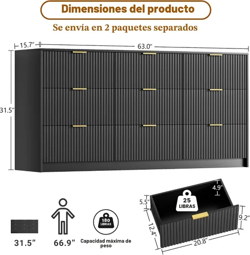 Miniatura 2 de Furniway - Cómoda color negro para habitación, moderna, 9 cajones y deslizadores suaves, cómoda ancha con jaladeras doradas para sala o armario