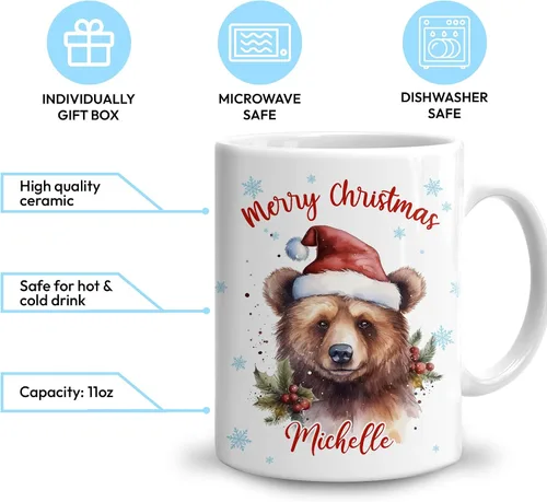 Miniatura 3 de Hyturtle Regalos personalizados para amantes de los osos – Taza de café de cerámica con nombre personalizado de oso con sombrero de Papá Noel