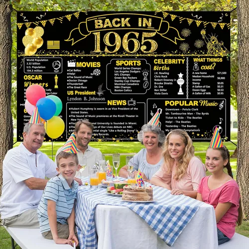 Miniatura 6 de DARUNAXY Decoración de fiesta de 61 cumpleaños negro y dorado, cartel de "Back in 1965" para fiesta de cumpleaños de 61 años, suministros de póster