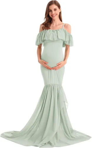 Miniatura 2 de MYRISAM Vestido de maternidad con volantes y hombros descubiertos para mujer, vestido de fiesta de sirena de gasa, vestido ajustado
