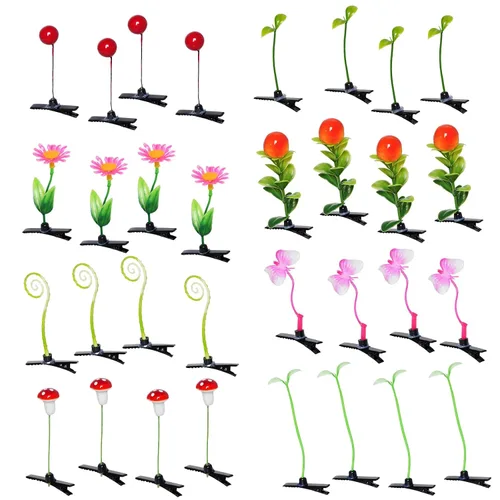 32 pinzas para el cabello con brotes de frijoles, divertidos clips de brote aleatorio, estilos mezclados para plantas, hierba, flores, mariposas,