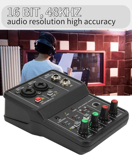 Miniatura 6 de Mini mezclador de audio, 2 canales USB portátil con tarjeta de sonido en vivo, sistema de consola con alimentación fantasma de 48 V, mezclador DJ