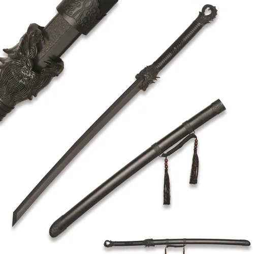 Miniatura 9 de 39" Plastic Martial Arts Polypropylene Training Katana Practice Sword, Black Chinese Tang Dynasty Style Dragon Pattern Decorated Sword with Scabbard