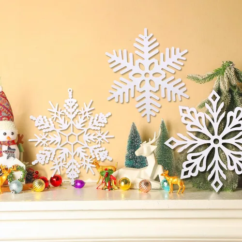 Miniatura 4 de Sratte Paquete de 36 adornos de copos de nieve grandes con purpurina de 12 pulgadas, decoración gigante de plástico para colgar en invierno, Blanco