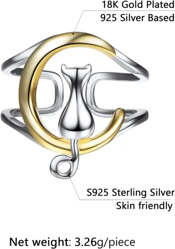Miniatura 6 de SILVERCUTE Women Cat Ring 925 Sterling Silver 18K Gold Plated Cat on The Moon Cute Wrap Ring Adjustable