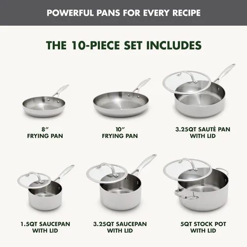 Miniatura 4 de GreenPan Valencia Pro - Juego de utensilios de cocina de 10 piezas de acero inoxidable de tres capas, ollas y sartenes listas para inducción