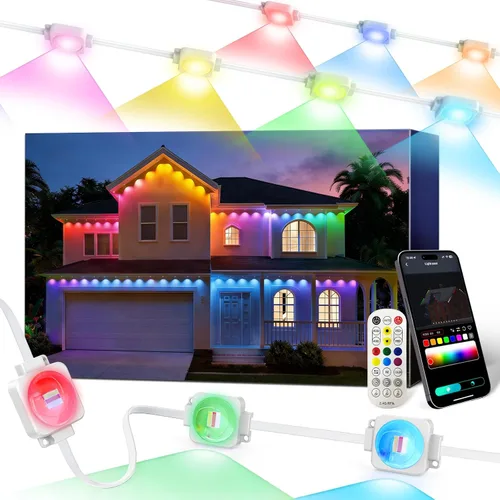Luces permanentes al aire libre Super RGB de 15,5 m, luces de cornisa RGB+IC inteligentes con control remoto por aplicación, LED de color individual