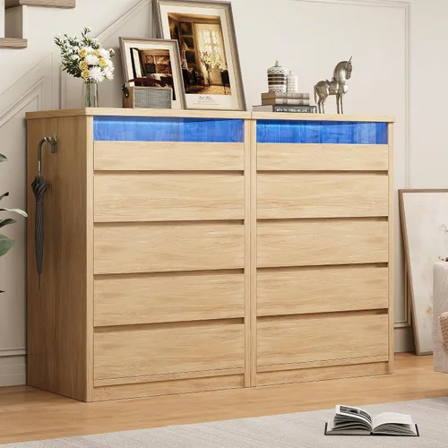 Miniatura 8 de Jocoevol Cómoda de 5 cajones para dormitorio con luz LED, cómoda moderna con asas ocultas, armario alto de madera para sala de estar, entrada