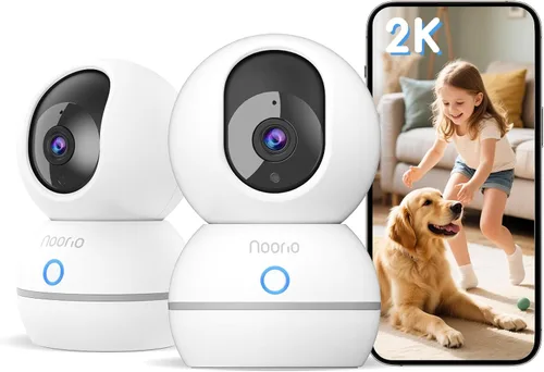 Noorio Cámara de seguridad 2K para interiores, cámara panorámica/inclinable para mascotas con altavoz, monitor de bebé con una llamada de un solo