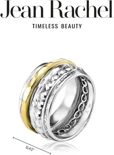 Miniatura 7 de 925 Sterling Silver14K Gold Plated Silver Spinner Ring Unisex, Bold Hammered BeadedFreshwater Pearl Floral Etched and Hammered, Oxidized