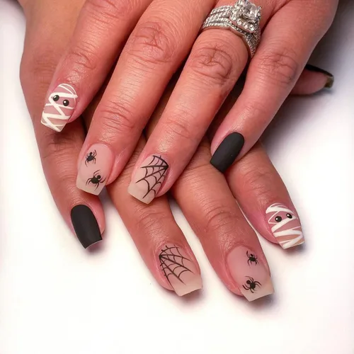 Miniatura 19 de Uñas postizas a presión de Halloween, uñas postizas cuadradas cortas con diseños de gato negro, acabado degradado brillante, cobertura completa