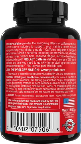 Miniatura 3 de ProLab Tabletas de cafeína de 200 mg - 200 unidades Apoyo energético, ayuda a mejorar la resistencia y la concentración mental, reducir la fatiga