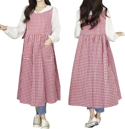 Miniatura 6 de Vestido de delantal a cuadros, delantal japonés de lino y algodón con espalda cruzada para mujer con bolsillos, vestido corto con lazos en la cintura