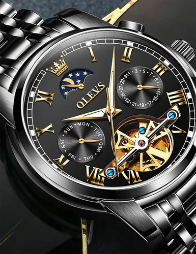 Miniatura 4 de OLEVS Relojes automáticos de cuerda automática para hombre, fecha y día, calendario, relojes de acero inoxidable, movimiento esquelético