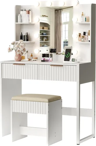 Miniatura 9 de VINGLI - Escritorio de maquillaje con estantes acanalados y espejo con luces y toma de corriente, mesa de tocador pequeña con 2 cajones y 4 estantes