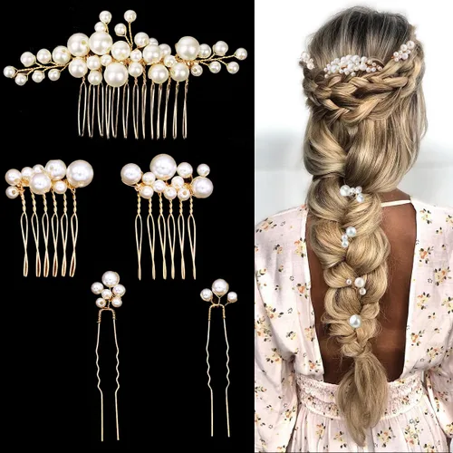 5 Piezas Peines Dorados para Cabello de Boda Nupcial, Tocado, Horquillas con Perlas, Clips, Joyería Vintage para Cabello para Novias, Damas de