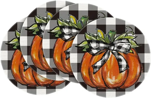 Miniatura 11 de Artoid Mode Juego de 4 manteles individuales de otoño con diseño de calabaza a cuadros de búfalo de 12 x 18 pulgadas para decoración de fiestas