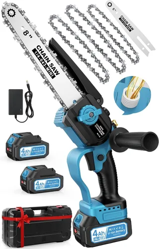 Mini motosierra inalámbrica, de 8 pulgadas y 6 pulgadas con 2 baterías de 4000 mAh, motosierra de mano alimentada por batería para árboles, cortador