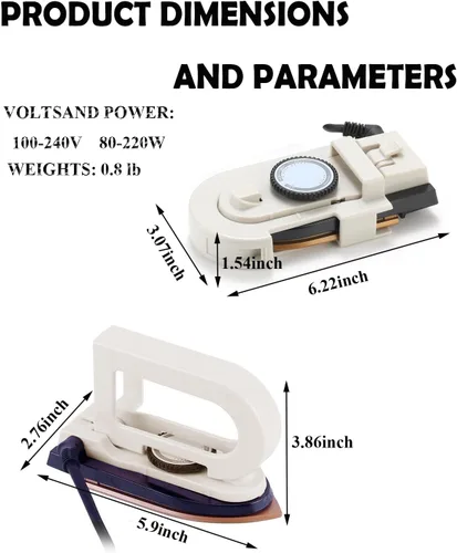Miniatura 2 de Plancha de viaje de doble voltaje (100-120V/220-240V) - Mini plancha en seco sin vapor de 3 temperaturas para ropa, suela antiadherente de 356 °F