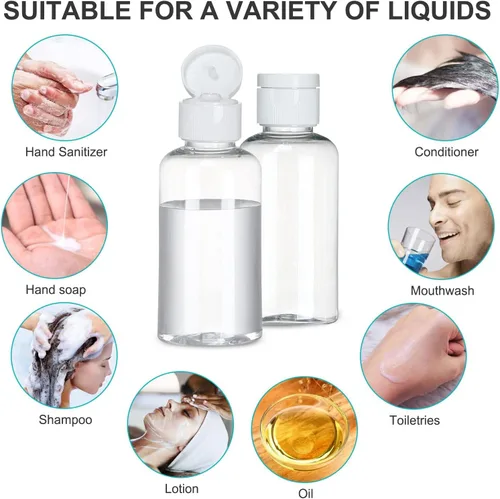 Miniatura 7 de Paquete de 100 botellas vacías de 1.7 onzas, botellas de viaje recargables de 1.7 fl oz con tapa abatible para desinfectante de manos, champú
